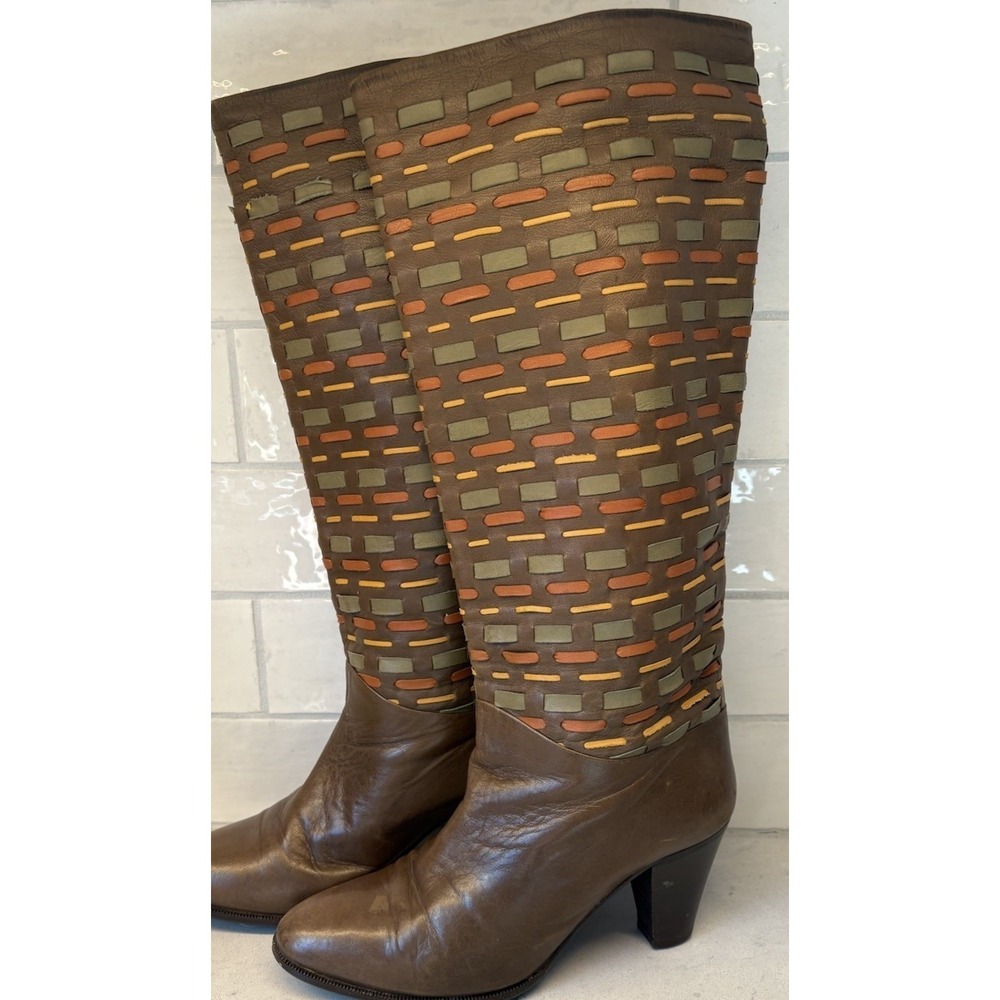 Vintage Luxury Bruno Magli BOHO Soft Brown leather boots multicoloured Woven